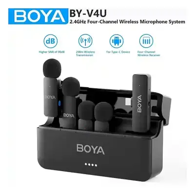 BOYA BY-V4U Four-channel Wireless Lavalier Microphone for iPhone 15 Series Type C Smartphone Lapel Mic for Video Recording Vlog